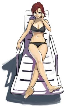 1girl adjusting_eyewear aozaki_touko b_suke beach_chair bikini black_bikini black_eyes breasts cleavage commentary_request crossed_arms full_body glasses kara_no_kyoukai large_breasts navel red_hair sitting solo swimsuit