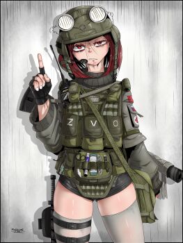 Rule 34 | 1girl, absurdres, bag, black gloves, black shorts, body armor, buhanka-chan, clenched teeth, combat medic, cross, cyrillic, disgust, fingerless gloves, gloves, green vest, grey jacket, half-closed eye, hand up, helmet, highres, humanization, index finger raised, jacket, load bearing vest, long sleeves, looking at viewer, mastcom0, military combat uniform, military uniform, original, pouch, radio, radio antenna, red cross, red eyes, red hair, ringed eyes, russian flag, russian ground forces, russo-ukrainian war, scissors, sheath, sheathed, shiny clothes, shiny legwear, shiny skin, short shorts, shorts, shoulder bag, soldier, solo, soviet flag, surgical scissors, teeth, thigh sheath, thigh strap, thighhighs, thighs, translation request, vest, vest pouch, white thighhighs, z (russian symbol)