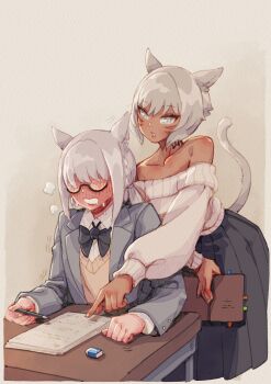 2girls absurdres animal_ears artist_self-insert warrior_of_light_(ff14) blazer blush book bow cat_ears cat_girl cat_tail collarbone dark-skinned_female dark_skin desk eraser facial_mark final_fantasy final_fantasy_xiv full-face_blush glasses grey_eyes grey_hair highres hjz_(artemi) holding holding_book jacket leaning_forward long_skirt long_sleeves miqo'te multiple_girls neck_tattoo off-shoulder_sweater off_shoulder open_book pencil pleated_skirt pointing school_desk semi-rimless_eyewear short_hair sitting skirt standing sweater sweater_vest tail tattoo teacher_and_student under-rim_eyewear whisker_markings y'shtola_rhul yuri