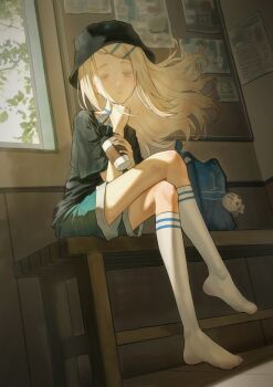 1girl absurdres bag bag_charm black_hat black_shirt blonde_hair blue_bag blue_ribbon bucket_hat bulletin_board character_doll charm_(object) choker collarbone commentary_request crane666 crossed_legs cup disposable_coffee_cup disposable_cup doll earrings floating_hair from_below full_body gakuen_idolmaster green_shorts hair_ornament hairclip hand_up hat highres holding holding_cup idolmaster indoors jewelry kneehighs leaf legs long_hair looking_at_viewer no_shoes on_bench orange_eyes parallel_hairclips parted_lips revision ribbon ribbon_choker school_bag shinosawa_hiro shirt shorts sitting socks solo star_(symbol) stud_earrings swept_bangs t-shirt white_socks wind window_shadow