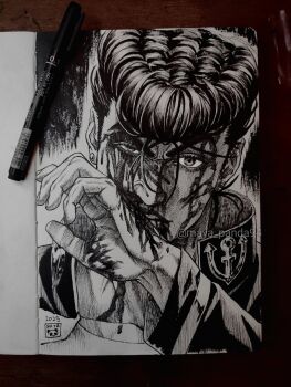 1boy anchor_ornament art_tools_in_frame blood blood_on_face blood_on_hands diamond_wa_kudakenai earrings gakuran greyscale hand_up hashtag-only_commentary hatching_(texture) higashikata_josuke high_collar highres injury jewelry jojo_no_kimyou_na_bouken looking_at_viewer male_focus marker_(medium) maya_panda monochrome pen photo_(medium) pompadour school_uniform solo stud_earrings traditional_media twitter_username wiping_face