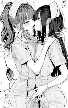 Rule 34 | 2boys, absurdres, adam's apple, arm behind back, arm on another's shoulder, aroused, bracelet, bulge, close-up, collared shirt, crossdressing, crossdressing (mtf), crotch grab, erection, erection under clothes, fingernails, french kiss, half-closed eyes, hat, high ponytail, highres, jewelry, kiss, long hair, monochrome, multiple boys, nurse, nurse cap, original, ponytail, saliva, shirt, sidelocks, sound effects, turisasu, yaoi