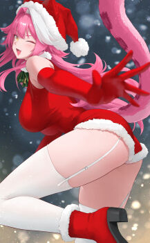 1girl ;d alternate_costume animal_ears blurry blurry_background boots breasts collar commentary elbow_gloves english_commentary fang fur-trimmed_boots fur-trimmed_headwear fur-trimmed_legwear fur-trimmed_leotard fur_collar fur_trim garter_straps gloves hair_intakes hat high_heel_boots high_heels highres hololive hololive_english large_breasts leotard long_hair looking_at_viewer okoge_lab one_eye_closed open_mouth panther_ears panther_girl panther_tail pink_hair pom_pom_(clothes) raora_panthera red_boots red_gloves red_hat red_leotard santa_hat sidelocks skin_fang smile snowing solo tail thighhighs very_long_hair virtual_youtuber white_collar white_streaks white_thighhighs yellow_eyes