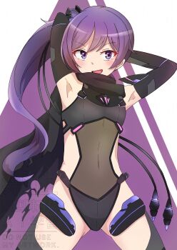 1girl absurdres armpits arms_behind_head arms_up black_gloves black_leotard blush breasts commentary_request covered_navel cowboy_shot einschildnein elbow_gloves gloves highres leotard long_hair looking_at_viewer ongeki open_mouth purple_eyes purple_hair scarf small_breasts smile solo takase_rio very_long_hair watermark