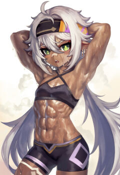 1girl abs after_exercise ahoge armpits arms_behind_head arms_up bandaid bandaid_on_face bandaid_on_nose bike_shorts black_sports_bra breasts commentary_request cowboy_shot dark-skinned_female dark_skin earrings genshin_impact green_eyes green_pupils grey_hair hair_between_eyes headband iansan_(genshin_impact) jewelry leg_tattoo legs_apart long_hair looking_at_viewer multicolored_headband muscular muscular_female navel open_mouth pointy_ears ribs small_breasts solo sports_bra sportswear steaming_body stomach sweat tattoo twintails very_long_hair yilx