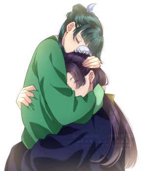 1boy 1girl 9ru_ki arm_around_back arm_around_neck blue_ribbon blue_robe blunt_bangs bun_cover closed_eyes couple green_hair green_shirt hair_bun hair_ribbon half_updo hand_on_another's_head hetero highres hug jinshi_(kusuriya_no_hitorigoto) kusuriya_no_hitorigoto maomao_(kusuriya_no_hitorigoto) parted_bangs ribbon robe shirt upper_body white_background