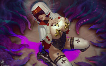 1girl adepta_sororitas blindfold breasts corset high_heels highres large_breasts on_floor pasties purity_seal purple_hair seiza short_hair sitting solo tentacles themaestronoob thighhighs thong warhammer_40k