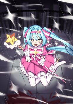 Rule 34 | 1girl, aqua hair, artist name, bow, bow hairband, bowtie, commentary, dress, english commentary, full body, gloves, hairband, hatsune miku, high heels, highres, holding, holding staff, ima sugu rinne (vocaloid), long hair, magical girl, on floor, open mouth, pantyhose, papipomelo, pink dress, pink hairband, solo, staff, star-shaped pupils, star (symbol), striped bow, striped bowtie, striped clothes, symbol-shaped pupils, tile floor, tiles, twintails, white gloves, white pantyhose