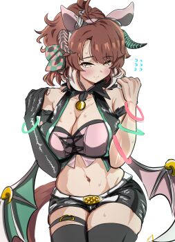 1girl ahoge alternate_costume animal_ears bandeau bare_shoulders belt black_gloves black_shorts black_thighhighs blush bow breasts brown_eyes brown_hair checkered_ribbon closed_mouth collarbone dantsu_flame_(umamusume) demon_wings ear_covers ear_ornament ear_ribbon elbow_gloves gloves hair_between_eyes hairband highres horse_ears horse_girl horse_tail itsuyoitsuyo large_breasts multicolored_hair navel pink_hairband shorts simple_background single_elbow_glove smile solo stomach tail thigh_strap thighhighs umamusume white_background white_belt white_hair wings