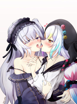 2girls absurdres bare_shoulders black_dress blue_nails commentary_request dress ebiko_yaki french_kiss grey_hair hand_on_another&#039;s_waist heart highres jogasaki_noah kiss mahou_shoujo_no_majo_saiban multiple_girls natsume_an-an off_shoulder orange_eyes pink_nails purple_eyes saliva strap_slip tongue tongue_out twintails white_dress white_hair yuri