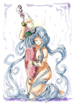 1girl 2b-ge absurdly_long_hair biwa_lute blue_hair breasts chinese_commentary closed_eyes convenient_censoring flower hair_flower hair_ornament highres holding holding_instrument instrument large_breasts long_hair lute_(instrument) music nude one-hour_drawing_challenge playing_instrument touhou tsukumo_benben very_long_hair white_background