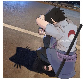 1boy black_hair black_pants black_sandals border cat_shadow_puppet_(meme) crossed_arms hair_slicked_back hanarteoficial highres male_focus meme naruto_(series) naruto_shippuuden open-toe_shoes pants photo_background rope_belt sandals shirt short_hair short_sleeves solo squatting uchiha_sasuke white_border white_shirt