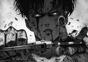 1boy black_hair bleeding blood blood_on_face greyscale highres holding holding_weapon looking_at_viewer male_focus manip monochrome monochrome parted_lips shingeki_no_kyojin simple_background solo upper_body weapon white_background