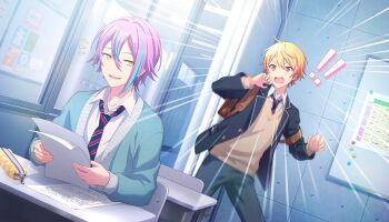 ! !! 2boys black_jacket black_pants blonde_hair blue_cardigan blue_hair blue_necktie brown_sweater_vest cardigan chair collared_shirt colorful_palette desk emphasis_lines game_cg gradient_hair hair_between_eyes hello_good_day!_(project_sekai) highres holding holding_paper jacket kamishiro_rui magnet male_focus multicolored_hair multiple_boys neckerchief necktie official_art open_clothes open_jacket orange_eyes pants paper pouch project_sekai purple_hair red_neckerchief shirt short_hair streaked_hair sweater_vest teeth tenma_tsukasa third-party_source tongue two-tone_hair upper_teeth_only v-shaped_eyebrows white_shirt whiteboard yellow_eyes