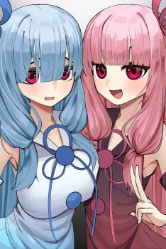 Rule 34 | 2girls, absurdres, armpits, asymmetrical docking, bare shoulders, black dress, blue dress, blue hair, blue ribbon, blunt bangs, blush, breast press, breasts, bust chart, buttons, collarbone, collared dress, commentary request, cotan (actancyaga), detached sleeves, dress, flat chest, flower knot, gradient clothes, gradient dress, hair between eyes, highres, kotonoha akane, kotonoha aoi, large breasts, long hair, looking at viewer, low-tied sidelocks, multiple girls, open mouth, pink hair, red dress, red eyes, red ribbon, ribbon, shirt, siblings, sidelocks, sisters, sleeveless, smile, synthesizer v, upper body, v, very long hair, voiceroid, white dress