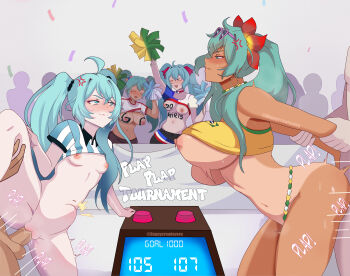 Rule 34 | 4girls, absurdres, anger vein, aqua hair, argentina, argentinian flag, argentinian flag print, argentinian miku, arm held back, artist name, ass, bead choker, beads, bent over, blush, body writing, bouncing breasts, brazil, brazilian flag, brazilian flag print, brazilian miku, breasts, cheering, chile, commentary, competition, competitive sex, confetti, cropped shirt, crowd, dark-skinned female, dark-skinned male, dark skin, doggystyle, earrings, english commentary, flag print, glaring, group sex, hair ornament, hanging breasts, happycrowtavern, hatsune miku, heart, heart-shaped eyewear, height difference, hetero, highres, interracial, jewelry, large breasts, leg up, medium breasts, multiple boys, multiple girls, multiple persona, nipples, nude, orgy, penis, peru, peruvian miku (ben sadfleck), pom pom (cheerleading), sex, sex from behind, small breasts, stomach bulge, tan, tanline, twitter username, uncensored, v-shaped eyebrows, vaginal, vocaloid, watermark, worldwide miku