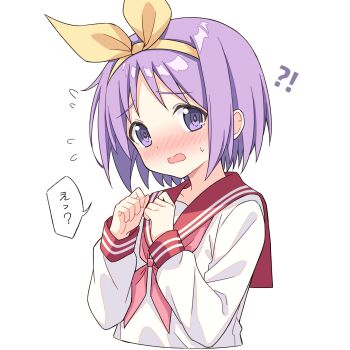 !? 1girl blush commentary_request flying_sweatdrops highres hiiragi_tsukasa lucky_star neckerchief nose_blush open_mouth pink_neckerchief purple_hair red_sailor_collar ryouou_school_uniform sailor_collar sailor_shirt school_uniform serafuku setteiset shirt short_hair simple_background solo upper_body white_background white_shirt