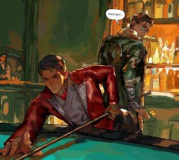 2boys :| alcohol bandaged_arm bandages bar_(place) bartender bent_over billiards black_bow black_bowtie black_hair black_pants black_vest bottle bow bowtie brown_hair chinese_commentary chunru99_0904 closed_mouth commentary_request cue_stick dragon_print english_text highres holding holding_cue_stick hood hood_down hooded_jacket jacket johnny_cage kenshi_(mortal_kombat) lapels long_sleeves male_focus mortal_kombat_(series) mortal_kombat_1_(2023) motion_lines multicolored_jacket multiple_boys open_clothes open_jacket pants people pool_table red_jacket shirt short_hair spanking speech_bubble sunglasses sweat sweatdrop table triangular_eyewear vest white_shirt yaoi