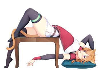1girl absurdres animal_ears belt black_thighhighs blush braid breasts cat_ears cat_girl commission commissioner_upload detached_sleeves facepaint facial_mark fang fire_emblem fire_emblem:_path_of_radiance fire_emblem:_radiant_dawn highres large_variant_set looking_at_viewer lying lyre_(fire_emblem) medium_breasts messy_hair nabunabu nintendo o-ring o-ring_belt open_mouth orange_hair orange_tail pantyhose pillow purple_eyes shorts side_slit side_slit_shorts solo thick_thighs thigh_belt thigh_strap thighhighs thighs variant_set whisker_markings white_background