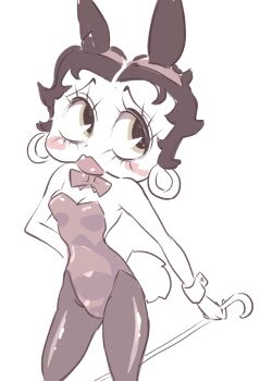 Rule 34 | 1girl, animal ears, betty boop, betty boop (character), black hair, black pantyhose, blush, bow, bowtie, breasts, cane, cleavage, earrings, fake animal ears, fake tail, green eyes, hand on own hip, highres, holding, holding cane, hoop earrings, jewelry, k-nattoh, leotard, looking to the side, pantyhose, playboy bunny, rabbit ears, rabbit tail, red bow, red bowtie, red leotard, red lips, short hair, small breasts, standing, tail, white background, wrist cuffs