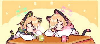 2girls :3 animal_ear_headphones animal_ears blonde_hair blue_archive blunt_bangs blush cat_ear_headphones cat_ears cat_tail closed_eyes closed_mouth commentary_request cup fake_animal_ears green_halo halo headphones kotatsu long_sleeves mechanical_tail midori_(blue_archive) momoi_(blue_archive) multiple_girls parted_bangs pink_halo shirt short_hair table tail white_shirt yellow_background yoru_nai