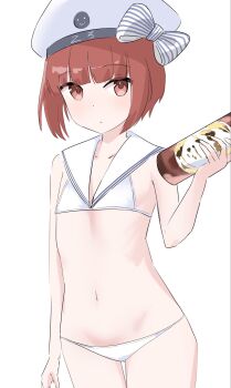 1girl bikini bottle bow brown_eyes brown_hair flat_chest hat hat_bow highres holding kantai_collection kashiwa_no_udon loli looking_at_viewer lowleg lowleg_bikini one-hour_drawing_challenge sailor_bikini sailor_collar sailor_hat short_hair simple_background smiley_face solo swimsuit white_background white_bikini white_hat white_sailor_collar z3_max_schultz_(kancolle) z3_max_schultz_(swimsuit)_(kancolle)