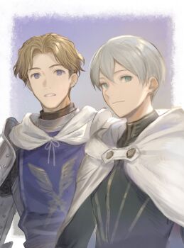 2boys armor black_robe blue_tabard brown_hair cape closed_mouth commentary_request crick_(octopath_traveler) curtained_hair fujie_xy gauntlets gold_trim green_eyes hair_between_eyes highres knight light_smile looking_to_the_side male_focus multiple_boys octopath_traveler octopath_traveler_ii parted_bangs parted_lips pauldrons robe shoulder_armor side-by-side sideways_glance standing tabard teeth temenos_mistral upper_body white_cape white_hair
