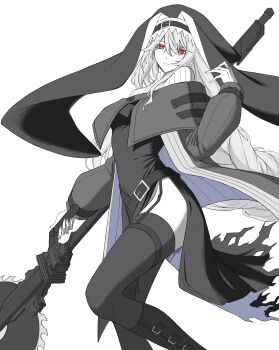 Rule 34 | 1girl, absurdres, arknights, ascot, belt, belt buckle, black belt, black dress, black hat, black veil, braid, buckle, capelet, circular saw, clothing cutout, coif, dress, garter belt, garter straps, grey ascot, grey capelet, grey hair, hair between eyes, hat, highres, holding, holding weapon, kyoro (kyoroillust), long hair, long sleeves, looking at viewer, nun, nun headdress, pale skin, puffy sleeves, red eyes, saw, sidelocks, simple background, solo, specter (arknights), thigh cutout, thighhighs, thighs, two-sided fabric, two-sided headwear, veil, very long hair, weapon, white background