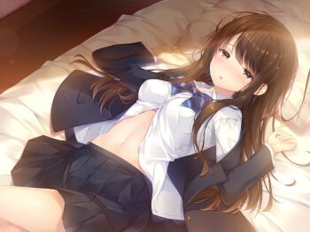Rule 34 | 1girl, bed, bed sheet, black jacket, black skirt, blazer, blue bow, blue bowtie, blush, bow, bowtie, bra, bra peek, breasts, brown eyes, brown hair, commentary request, cowboy shot, day, from above, half-closed eyes, hands up, highres, indoors, jacket, knee up, long hair, long sleeves, looking at viewer, lying, medium breasts, medium skirt, navel, noda shuha, on back, on bed, open clothes, open jacket, pink bra, pink hair, plaid bow, plaid bowtie, plaid clothes, pleated skirt, school uniform, shirt, skirt, solo, stomach, straight hair, sunlight, unbuttoned, underwear, very long hair, voice drama available, white shirt, wooden floor, yubinotacto
