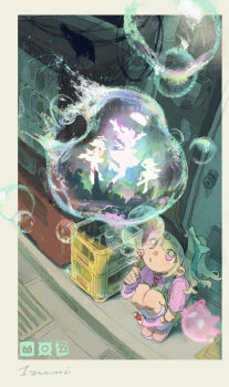 1girl absurdres apron arm_warmers artist_name bandaid bandaid_on_leg bird black_hat blush bottle chinatsu_remiel coco_(zenless_zone_zero) coco_(zenless_zone_zero)_(cosplay) commentary_request cosplay crow door earrings from_above green_apron hair_ornament hairclip hat heart heart_hair_ornament highres izumi40063416 jewelry leg_warmers looking_up musical_note_earrings necktie open_mouth pink_arm_warmers pink_eyes pink_leg_warmers pink_nails pink_shirt pink_shoes ponytail red_necktie rokudu_sariel shirt shoes soap_bubbles solo squatting striped_arm_warmers striped_leg_warmers yutane_johiel zenless_zone_zero