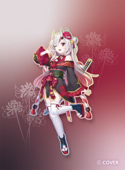 1girl :d ;d back_bow bell black_kimono bow center-flap_bangs commentary_request copyright_name double_bun flower frilled_sleeves frills full_body gold_trim gradient_background gradient_hair grey_hair hair_bell hair_between_horns hair_bun hair_ornament hand_up hololive horns japanese_clothes jingle_bell kimono kouhaku_nawa long_hair long_sleeves looking_at_viewer mask mask_on_head multicolored_hair nakiri_ayame nakiri_ayame_(1st_costume) off_shoulder official_art okobo one_eye_closed oni oni_mask open_mouth outline platform_sandals red_eyes red_hair red_kimono rope sandals shimenawa short_kimono skin-covered_horns sleeveless sleeveless_kimono smile solo spider_lily standing standing_on_one_leg streaked_hair tabi tassel tassel_hair_ornament teeth thighhighs two_side_up umieekaki upper_teeth_only virtual_youtuber white_thighhighs wide_sleeves