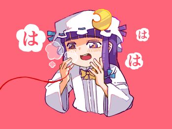 1girl absurdres blunt_bangs bow bowtie collared_shirt crescent crescent_hat_ornament crescent_in_eye hat hat_ornament heavy_breathing highres long_sleeves mob_cap nihimaru open_mouth patchouli_knowledge purple_eyes purple_hair red_background ribbon-trimmed_hat shirt string string_of_fate striped_clothes striped_shirt touhou upper_body wide_sleeves yellow_bow yellow_bowtie