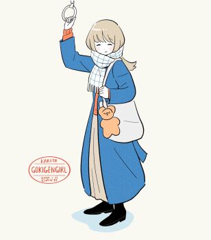 1girl bag bag_charm black_boots blonde_hair blue_jacket blush boots charm_(object) closed_eyes closed_mouth commentary cream_background english_text enpera facing_viewer full_body gesooo_4 hand_grip highres holding_hand_grip jacket orange_sweater original romaji_text scarf shadow simple_background skirt smile solo standing sweater swept_bangs tote_bag white_scarf