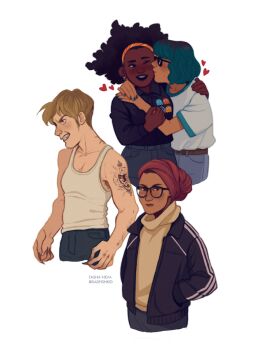 Rule 34 | 4girls, afro, arm hair, arm tattoo, artist name, basira hussain, belt, black eyes, black hair, black jacket, black lips, black shirt, blonde hair, blue hair, blue trim, breasts, brown belt, brown eyes, brown hair, brown sweater, collarbone, collared shirt, commentary, cropped legs, curly hair, daisy tonner, dark-skinned female, dark skin, denim, earrings, english commentary, fingernails, furrowed brow, georgie barker, glasses, hairband, hands in pockets, headscarf, heart, hug, jacket, jeans, jewelry, kiss, kissing cheek, looking at viewer, medium breasts, melanie king, mole, multicolored hair, multiple girls, one eye closed, orange hairband, pac-man (game), pants, pink headscarf, print shirt, roots (hair), sharp fingernails, sharp teeth, shirt, simple background, skull earrings, sleeveless, small breasts, standing, striped clothes, striped hairband, sunglasses, sweater, t-shirt, tank top, tasha neva, tattoo, teeth, the magnus archives, tomboy, very dark skin, white background, white shirt, white tank top, windbreaker, yuri