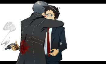 2boys absurdres adachi_tooru akalegos black_jacket black_pants blood blood_on_clothes blood_on_face brown_hair formal_clothes grey_hair gun gunshot_wound handgun highres holding holding_gun holding_weapon hug jacket letterboxed long_sleeves male_focus multiple_boys narukami_yu necktie pants persona persona_4 red_necktie revolver school_uniform shirt short_hair simple_background smoke smoking_barrel standing suit weapon white_background white_shirt yasogami_school_uniform