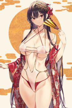 1girl bare_shoulders bikini black_hair breasts closed_mouth collarbone cowboy_shot floral_print flower folding_fan groin hair_flower hair_ornament haite_kudasai_takamine-san hand_fan hand_up highres hiiragi_yuuichi holding holding_fan japanese_clothes kimono large_breasts long_hair looking_at_viewer one-piece_swimsuit open_clothes open_kimono red_bikini red_eyes red_flower red_kimono skindentation solo swimsuit takamine_takane thighs underboob very_long_hair white_flower wide_sleeves