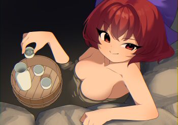 1girl absurdres bathing bow breasts bucket choko_(cup) closed_mouth collarbone commentary_request cup hair_bow highres large_breasts looking_at_viewer medium_hair nude onsen partially_submerged punidayo purple_bow red_eyes red_hair sekibanki smile solo tokkuri touhou water wooden_bucket
