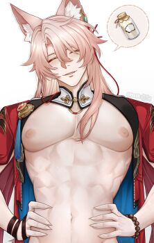 1boy abs absurdres animal_ear_fluff animal_ears bare_pectorals bead_bracelet beads bottle bracelet closed_eyes commentary english_commentary fingernails fox17l fox_ears groin hair_between_eyes hands_on_own_hips highres honkai:_star_rail honkai_(series) image_in_speech_bubble jacket jewelry jiaoqiu_(honkai:_star_rail) large_pectorals long_hair male_focus milk_bottle navel open_clothes open_jacket parted_hair parted_lips pectorals pink_hair red_jacket sharp_fingernails smile speech_bubble tassel toned toned_male