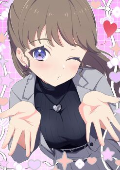 1girl absurdres belt black_belt black_sweater blowing_kiss breasts brown_hair earrings fujishima_megumi fujishima_megumi_(post-graduation) grey_jacket grey_skirt heart heart_earrings heart_necklace highres jacket jewelry large_breasts leaning_forward light_blush link!_like!_love_live! long_hair looking_at_viewer love_live! necklace one_eye_closed ponytail purple_eyes reaching reaching_towards_viewer skirt star_(symbol) sweater turtleneck turtleneck_sweater zanpon