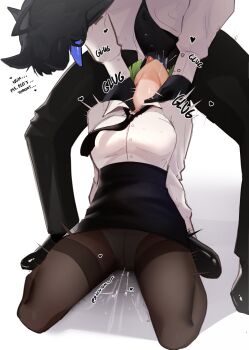 1boy 1girl absurdres black_pantyhose black_skirt borrowed_character bottomless breasts character_request fellatio female_ejaculation head_back high-waist_skirt highres oral original panties panties_under_pantyhose pantyhose pussy_juice shirt skirt the_atko tongue tongue_out underwear white_panties white_shirt