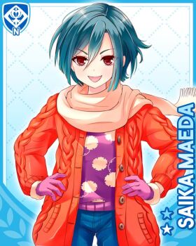 1girl :d blue_background blue_hair blue_pants cable_knit card_(medium) cardigan character_name girlfriend_(kari) gloves looking_at_viewer maeda_saika official_art open_mouth orange_cardigan pants purple_gloves purple_sweater qp:flapper red_eyes scarf short_hair smile solo standing straight-on sweater v-shaped_eyebrows yellow_scarf