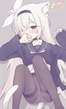 1girl absurdres animal_ears blue_archive cat_ears cat_tail commentary fyzt_nemu hair_over_one_eye hairband halo highres long_hair panties panties_under_pantyhose pantyhose plana_(blue_archive) solo tail underwear