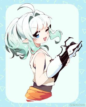 1girl :d ahoge aperture_science_handheld_portal_device aqua_hair blue_background blue_eyes chell chell_(cosplay) commentary cosplay english_commentary fang from_side gradient_hair highres indie_virtual_youtuber kitchupsandwich long_hair looking_at_viewer mint_fantome multicolored_hair one_eye_closed open_mouth orange_pants pants pointy_ears ponytail portal_(series) skin_fang smile solo tank_top twitter_username upper_body virtual_youtuber white_hair white_tank_top