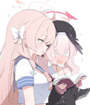 &lt;|&gt;_&lt;|&gt; 2girls ahoge beret black_hat black_shirt blue_archive blue_sailor_collar blush book bow bowtie bra bra_strap braid breasts collarbone commentary cropped_shirt feathered_wings flustered flying_sweatdrops from_side green_eyes grey_wings hair_between_eyes hair_bow halo hanako_(blue_archive) hands_up hat head_wings heart holding holding_book koharu_(blue_archive) large_breasts long_hair long_sleeves low_wings midriff mini_wings multiple_girls neckerchief no_nose open_book open_mouth pink_bow pink_bowtie pink_hair pink_halo pink_neckerchief pink_trim raised_inner_eyebrows sailor_collar school_uniform serafuku shirt short_sleeves side_braid sidelocks simple_background single_bare_shoulder single_braid single_off_shoulder sleeves_past_wrists small_breasts standing sweatdrop t-shirt tntl_nemui twintails underwear upper_body white_background white_bow white_bra white_sailor_collar white_shirt winged_halo winged_hat wings