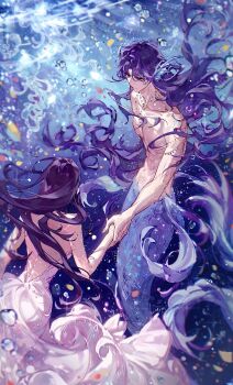 Rule 34 | 1boy, 1girl, air bubble, backless dress, backless outfit, black hair, bubble, chaoxibumian, commentary request, couple, dress, fins, fish tail, head fins, hetero, highres, holding hands, long dress, long hair, love and deepspace, merman, monster boy, official alternate costume, official alternate hair length, official alternate hairstyle, parted bangs, protagonist (love and deepspace), purple hair, rafayel (love and deepspace), tail, topless male, underwater, white dress