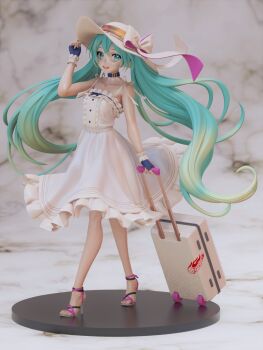 1girl 3d absurdres aqua_eyes aqua_hair bare_shoulders blush bow bowtie buttons character_name chikb collar collarbone copyright_name dress figure_available fingerless_gloves frills full_body gloves goodsmile_company goodsmile_racing hair_ornament hand_up hat hatsune_miku high_heels highres holding logo long_hair looking_at_viewer luggage merchandise_available nail_polish open_mouth racing_miku racing_miku_(2021) rolling_suitcase sleeveless smile standing suitcase toenail_polish toenails toes twintails very_long_hair vocaloid white_dress