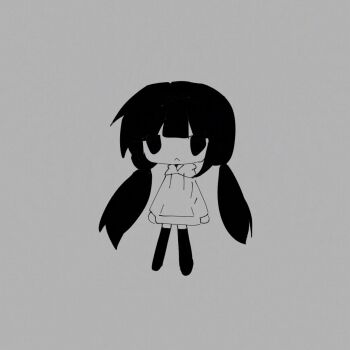 1girl :< arms_at_sides chibi chibi_only closed_mouth commentary_request drawstring full_body grey_background greyscale highres hood hood_down hoodie inabakumori long_hair long_sleeves looking_at_viewer low_twintails monochrome osage_(nukunuku_nigirimeshi) sn_(sn_utu00) solo standing thighhighs twintails