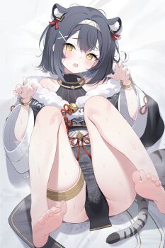 Rule 34 | 1girl, amber (playful innocence) (stella sora), amber (stella sora), animal ear fluff, animal ears, barefoot, bed sheet, black dress, black hair, blush, bracelet, center-flap bangs, china dress, chinese clothes, claw pose, deyui, double-parted bangs, dress, feet, fur-trimmed dress, fur trim, hair ornament, hairclip, highres, jewelry, looking at viewer, lying, messy hair, official alternate costume, on back, open mouth, pelvic curtain, short hair, soles, solo, stella sora, tail, teeth, thighlet, tiger ears, tiger tail, toes, upper teeth only, x hair ornament, yellow eyes