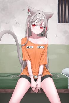 1girl absurdres animal_ears bed between_legs black_shorts bound bound_wrists breasts cat_ears cat_girl cat_tail cleavage cuffs earrings extra_ears grey_hair hand_between_legs handcuffs highres iron_bars jewelry jjalbaaaaa light_smile long_hair medium_breasts multicolored_hair neneko_mashiro off_shoulder on_bed orange_shirt prison prison_cell prison_clothes prisoner red_eyes red_hair restrained shirt short_sleeves shorts single_bare_shoulder single_earring sitting stellive streaked_hair tail very_long_hair virtual_youtuber