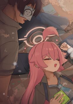 1boy 1girl :d absurdres ahoge blue_archive blue_necktie closed_eyes collared_shirt commentary doodle_sensei_(blue_archive) fang grey_shirt hair_flaps halo heart high_(hgih) highres hoshino_(blue_archive) long_hair lying necktie on_back open_mouth pink_hair pink_halo sensei_(blue_archive) shirt skin_fang smile